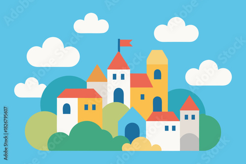 Cartoon cute cloud village vector illustration