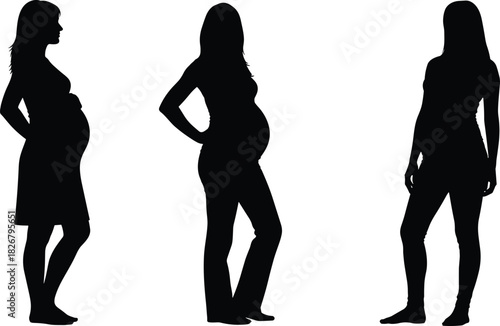 Silhouettes of pregnant women standing in different poses highlighting motherhood, maternity stages, body changes, female health, pregnancy lifestyle, and expecting mothers