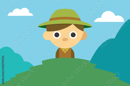 Cartoon explorer lookout hill vector illustration
