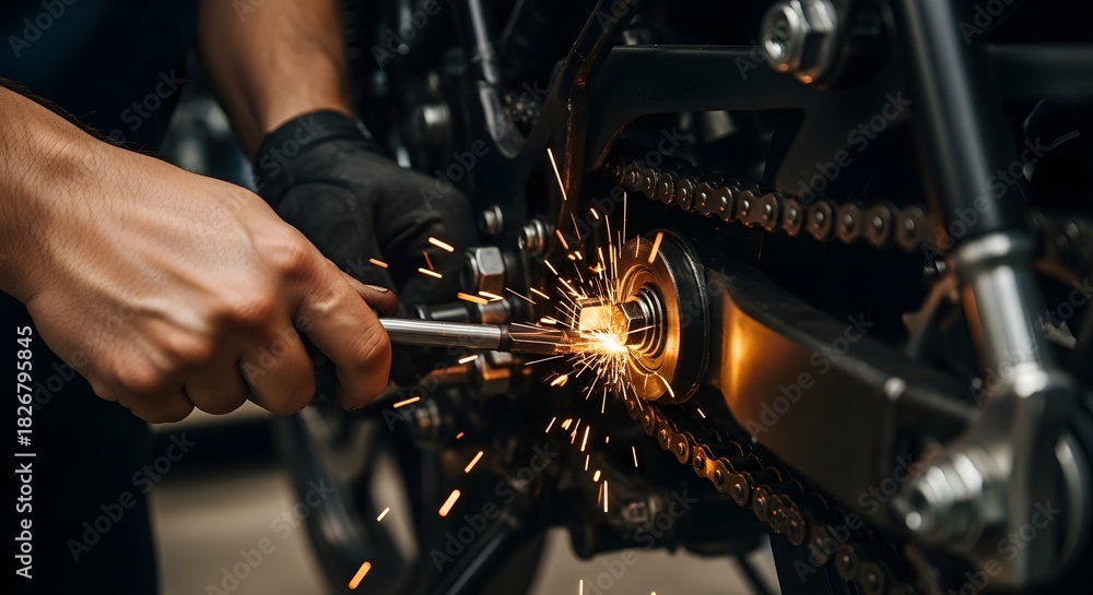Fototapeta premium Mechanic working on motorcycle chain with sparks flying during repair in a garage setting light source