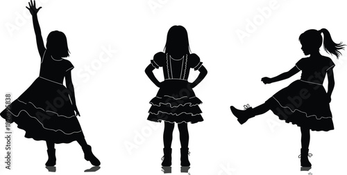 Silhouettes of young girls dancing and posing in playful dresses, showcasing energetic movement, childhood expression, artistic style, and joyful creativity on white background
