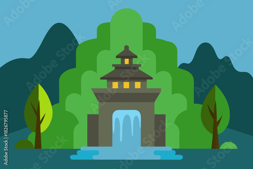 Cartoon hidden waterfall temple vector illustration