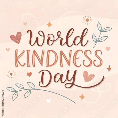 World Kindness Day Hand Lettered Typography with Hearts and Leaves