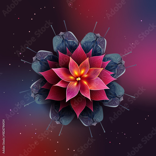 Nebula Bloom  Mandala of Spirit and Motion. A radiant lotus with glowing petals in red, pink, and purple. Flame-like energy and cosmic clouds evoke spiritual awakening and celestial motion.