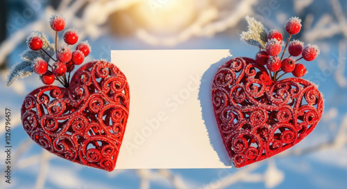 Two ornate frosty red hearts adorned with icy berries on a sunny winter day, framing a blank white paper for your message.