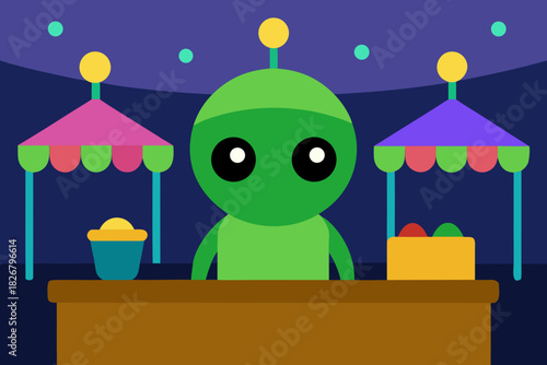 Cartoon alien bazaar lights vector illustration