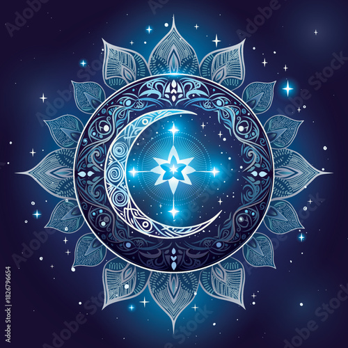 Lunar Bloom – Mandala of Celestial Harmony. A celestial mandala with crescent moon and radiant star at its heart. Deep blue tones and lotus layers evoke cosmic balance, serenity, and spiritual depth.
