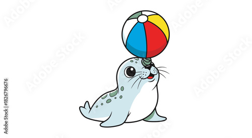 Adorable cartoon baby seal balancing a colorful beach ball.