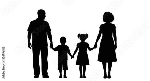 Black silhouette of a traditional family holding hands together.