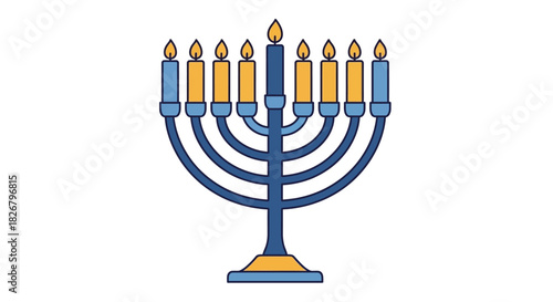 Blue and Gold Hanukkah Menorah with Lit Candles.