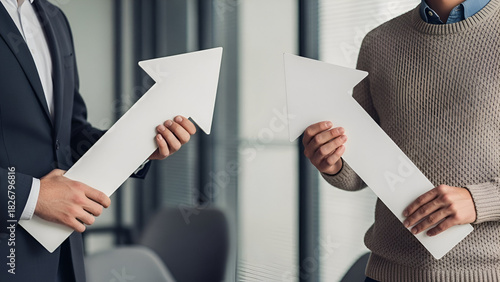 Professionals presenting positive growth arrows for business success and achievement, aiming high and showcasing upward trends in a modern corporate environment