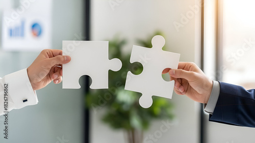 Businessmen connecting jigsaw pieces symbolize teamwork and strategic partnership in modern workspace, highlighting synergy and problem-solving for success
