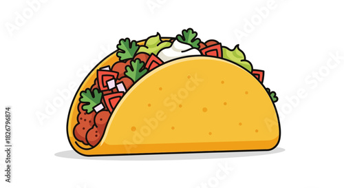 Cartoon Taco with Meat, Vegetables, and Sour Cream Filling.
