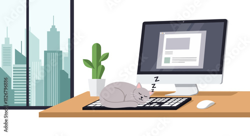 Cat Napping on Keyboard at Desk with Computer and Cactus.