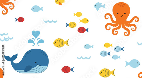 Cartoon Sea Life Pattern with Whale, Octopus, and Fish.