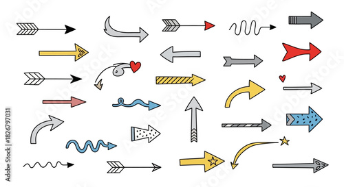 Collection of Diverse Hand Drawn Arrows in Various Styles and Directions.