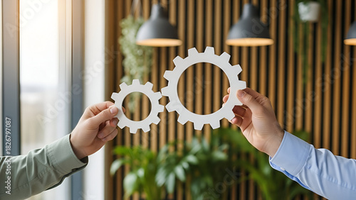 Teamwork makes the dream work as two people connect gears in a bright modern office, symbolizing collaboration, innovation, and strategic partnership in a dynamic environment
