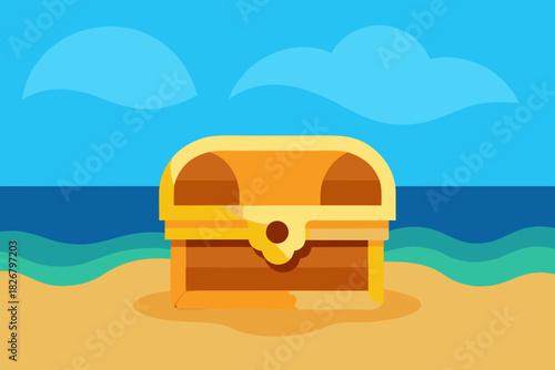 Cartoon treasure chest on the beach vector illustration