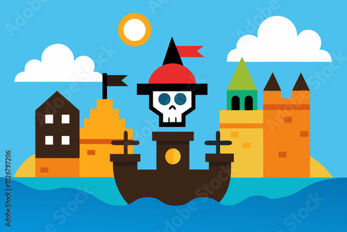 Cartoon pirate port town vector illustration