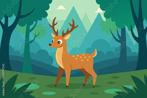 Cartoon enchanted deer clearing vector illustration