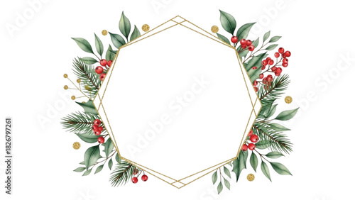 Watercolor Christmas Geometric Frame with Holly Leaves, Red Berries and Gold Line Border