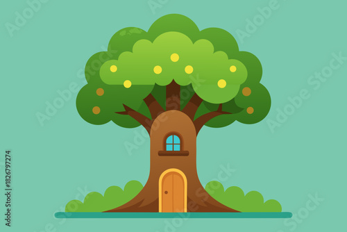 Cartoon magical tree doorway vector illustration