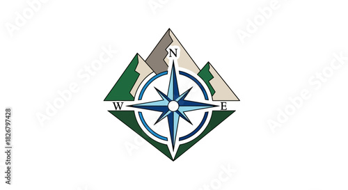 Compass Rose with Mountains and Trees Symbolizing Adventure and Direction.