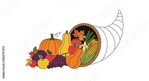 Cornucopia overflowing with autumn harvest fruits and vegetables.