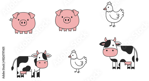 Cute Cartoon Farm Animals Collection with Pigs, Cows, and Chickens.