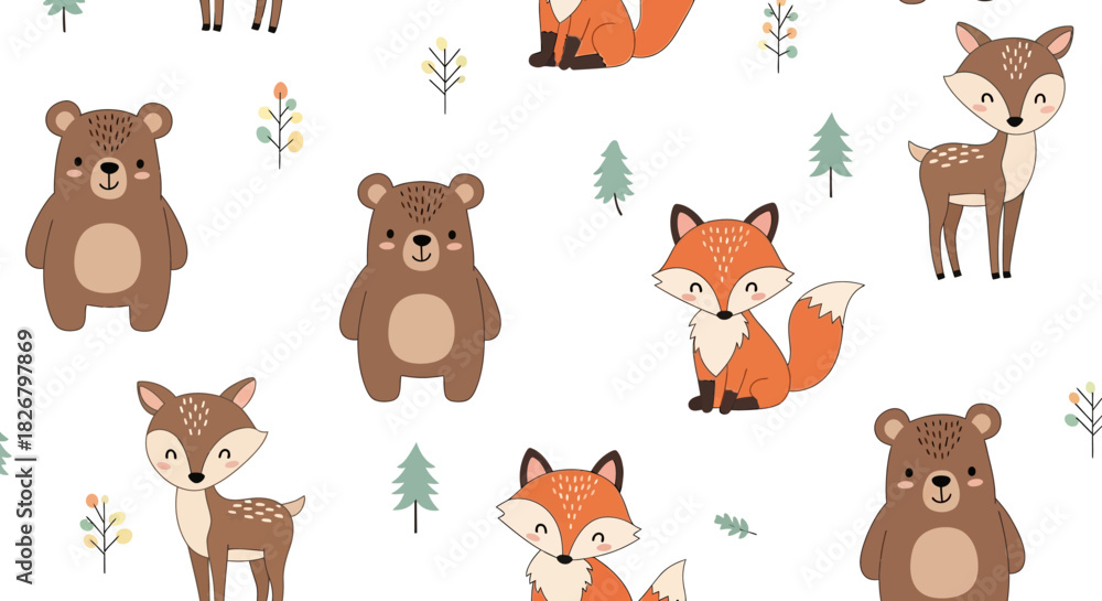 Fototapeta premium Cute woodland animals pattern featuring bears foxes and deer.