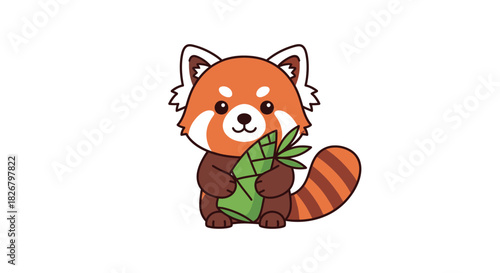 Cute red panda holding bamboo shoots, adorable animal illustration.