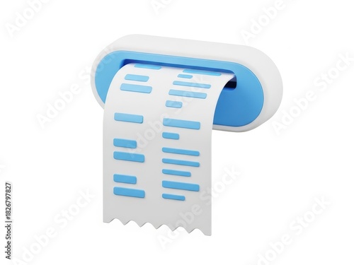 3d rendering of a modern receipt printer dispensing a paper slip with blue stylized text, isolated on white background