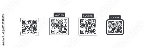 QR code set featuring scan QR code symbols and scan me labels, clean vector illustration ideal for digital access systems, mobile scanning tools, authentication interfaces, and modern smart technology