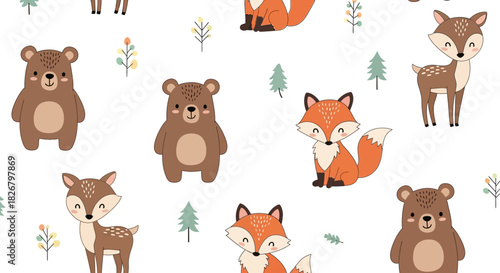 Cute woodland animals pattern featuring bears foxes and deer.