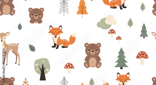 Cute Woodland Animals Seamless Pattern with Fox Deer and Bear.