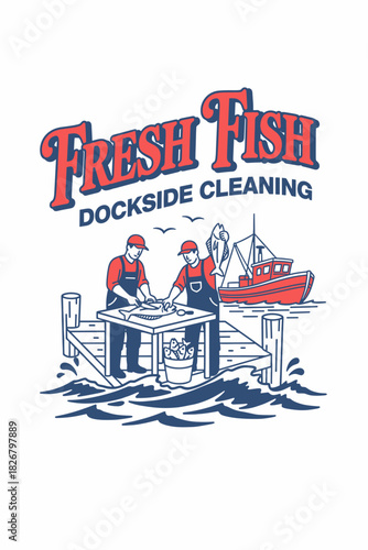 Fresh fish at the dock fishermen in aprons cut and lift the catch beside a moored boat, waves lapping crisp vintage seafood illustration.