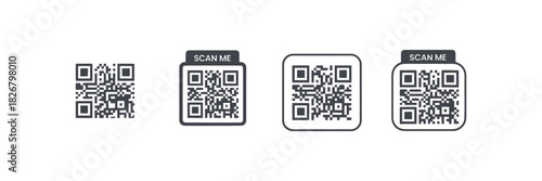 QR code set featuring scan QR code symbols and scan me labels, clean vector illustration ideal for digital access systems, mobile scanning tools, authentication interfaces, and modern smart technology