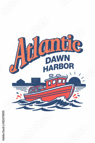 Red harbor trawler cuts through choppy waves at sunrise, silhouetted docks behind, clean vintage maritime vector on white