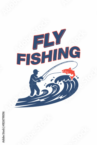 badge art cap wearing angler, arched fly line, splash and strike, classic minimal fishing print style.