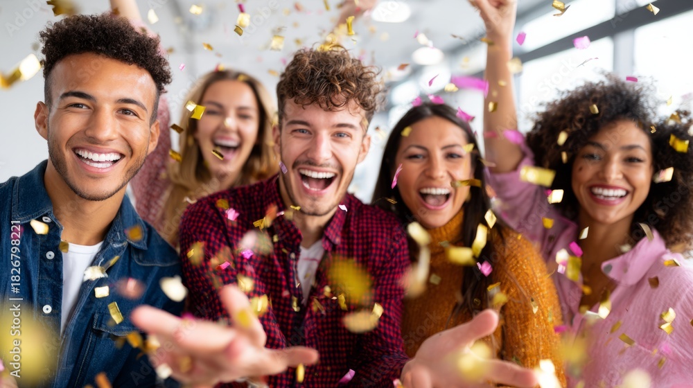 Obraz premium Diverse friends group celebrating with falling confetti, young people having fun at a cheerful party