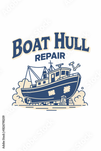 Working boat lifted on blocks for hull repair in a dusty dockyard two tone navy and sand vector illustration.