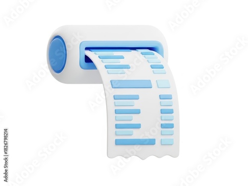 3d icon of a receipt printer dispensing a paper bill or invoice with blue abstract lines, isolated on white background