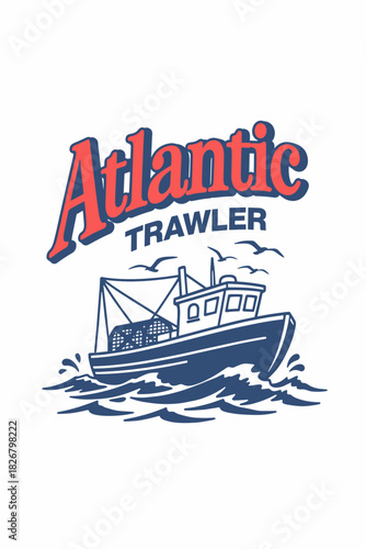 Classic fishing boat at sea hauling traps under clear sky bold coastal badge vector.