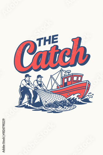 Crew hauls a heavy net packed with fish beside a working trawler vector