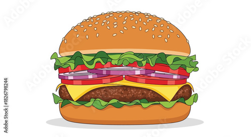 Detailed vector illustration of a classic cheeseburger with fresh toppings.
