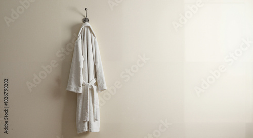 White bathrobe hanging on a hook against a neutral wall  