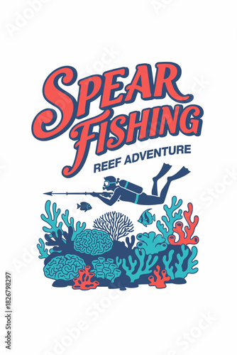 Underwater hunter explores coral garden, streamlined fins and mask, bold tropical palette, modern vector