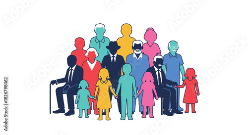 Diverse group of people representing family and community togetherness in a colorful illustration.