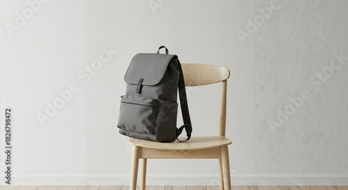 Stylish gray backpack resting on wooden chair in minimalist interior  