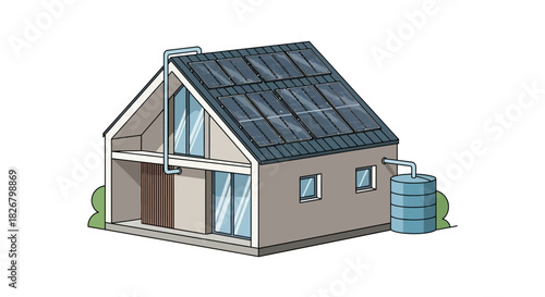 Eco-friendly house with solar panels and water tank illustration.